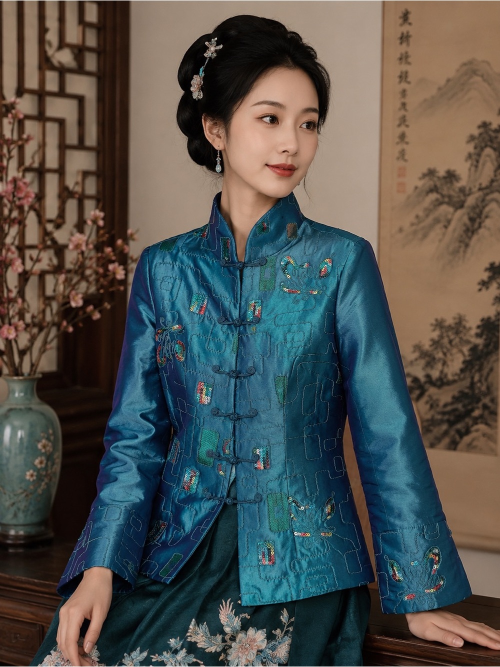 NWOT Embroidered Teal Satin Mandarin Collar Jacket Size XXL US L